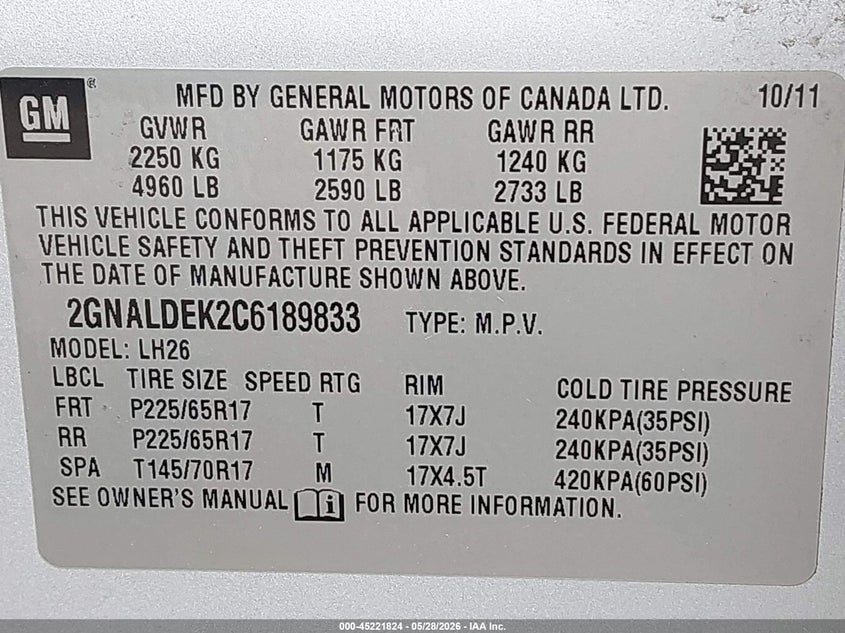 2012 Chevrolet Equinox VIN 2GNALDEK2C6189833 IAAI salvage auction — RIGHT SIDE, Salvage Title, sold $450 on 2026-07-22 (photo 9)