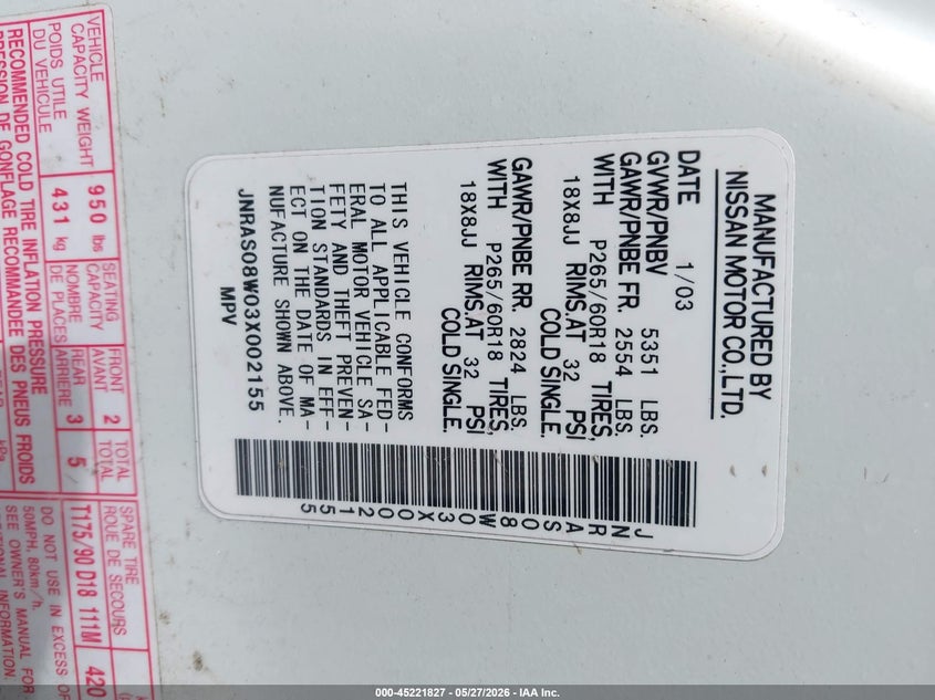 2003 Infiniti Fx35 VIN JNRAS08W03X002155 IAAI salvage auction — NORMAL WEAR, Bill Of Sale (California), sold $300 on 2026-07-06 (photo 9)