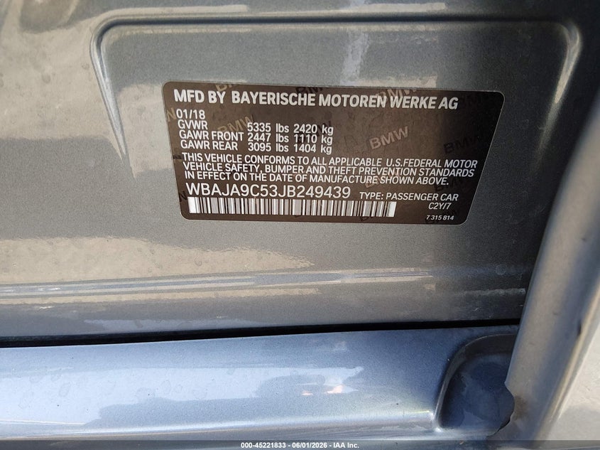 2018 BMW 5er VIN WBAJA9C53JB249439 IAAI salvage auction — REAR END, Salvage Title, sold $1,900 on 2026-07-10 (photo 9)