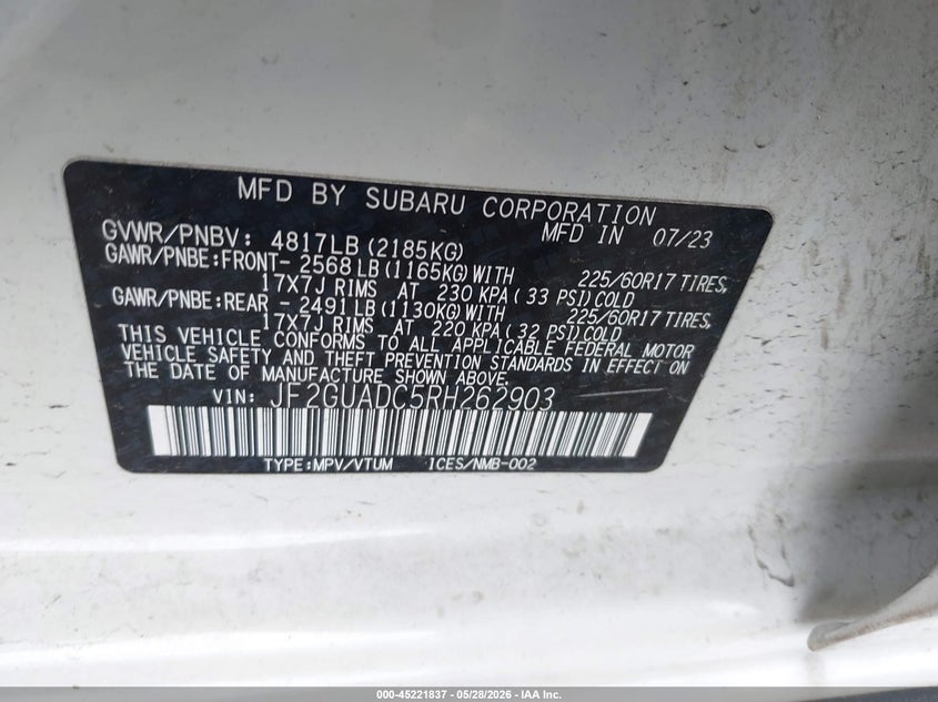 2024 Subaru Xv VIN JF2GUADC5RH262903 IAAI salvage auction — FRONT END, Salvage Title, sold $3,050 on 2026-07-14 (photo 9)