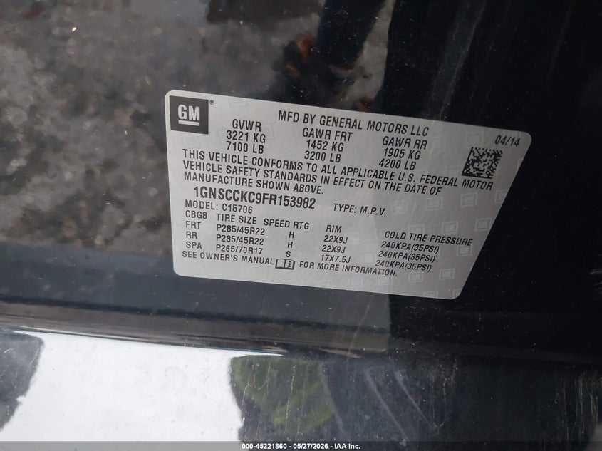 2015 Chevrolet Tahoe VIN 1GNSCCKC9FR153982 IAAI salvage auction — RIGHT REAR, Salvage Title, sold $7,950 on 2026-07-22 (photo 9)