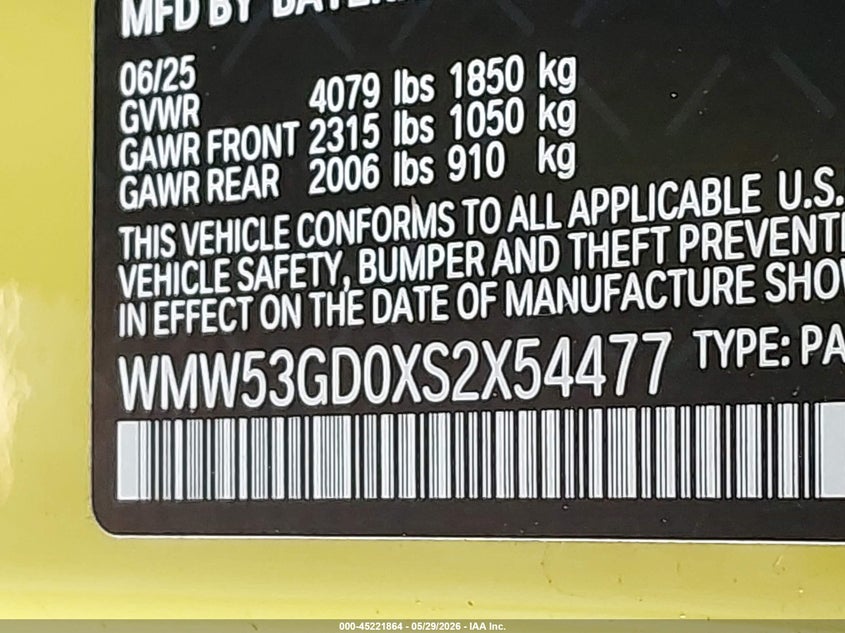 2025 Mini Hard top VIN WMW53GD0XS2X54477 IAAI salvage auction — FRONT END, Salvage (Texas), sold $4,650 on 2026-07-09 (photo 9)
