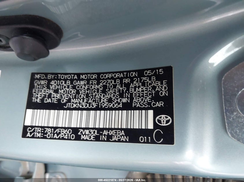 2015 Toyota Prius VIN JTDKN3DU3F1959064 IAAI salvage auction — FRONT & REAR, Salvage Title, sold $925 on 2026-07-29 (photo 9)