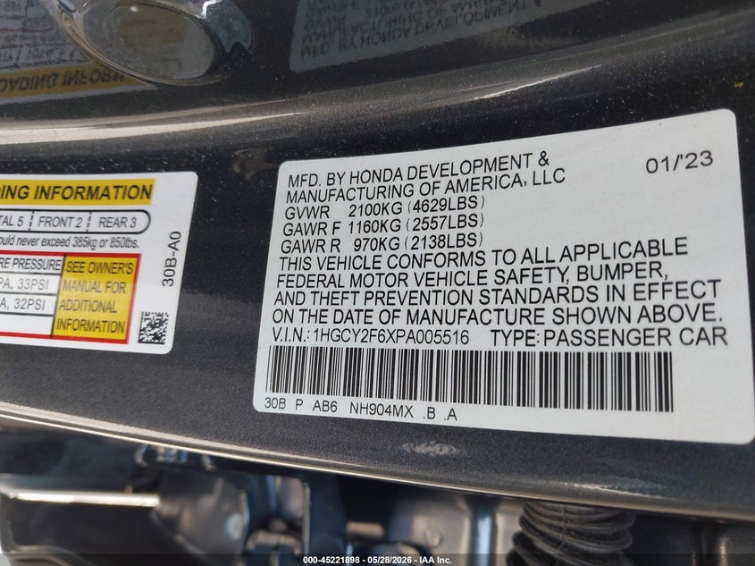 2023 Honda Accord VIN 1HGCY2F6XPA005516 IAAI salvage auction — FRONT END, Salvage Title, sold $25 on 2026-07-28 (photo 9)
