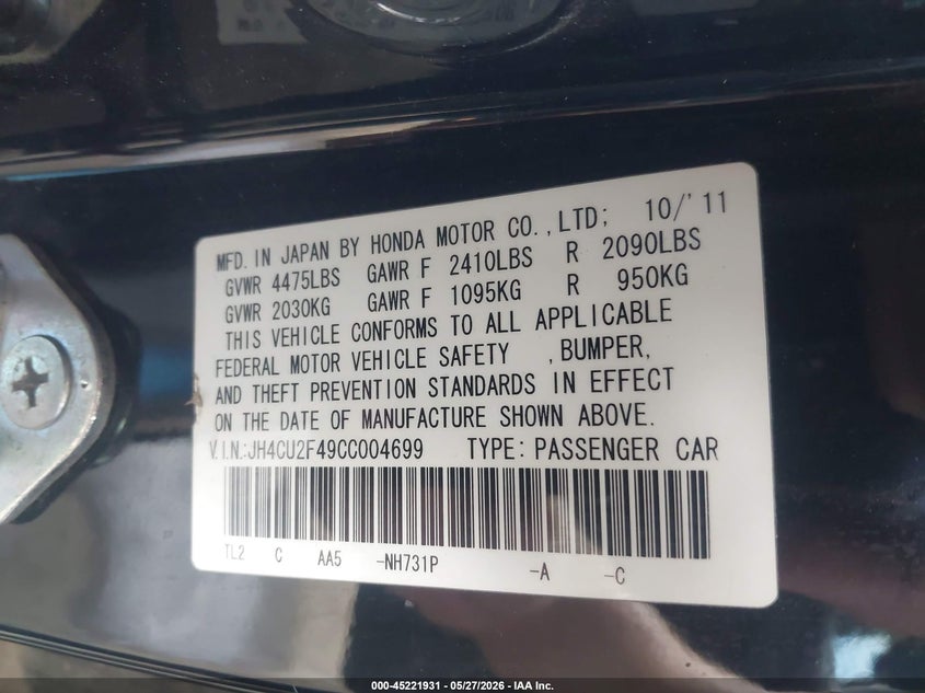 2012 Acura Tsx VIN JH4CU2F49CC004699 IAAI salvage auction — RIGHT REAR, Salvage Title, sold $1,250 on 2026-07-14 (photo 9)