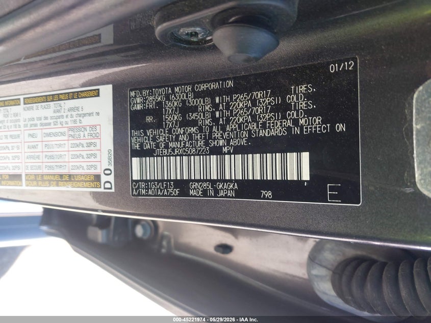 2012 Toyota 4runner VIN JTEBU5JRXC5087223 IAAI salvage auction — FRONT & REAR, Salvage (Virginia), sold $6,700 on 2026-07-28 (photo 9)