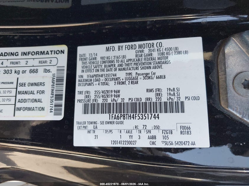 2015 Ford Mustang VIN 1FA6P8TH4F5351744 IAAI salvage auction — LEFT SIDE, Salvage Title, sold $3,300 on 2026-07-09 (photo 9)
