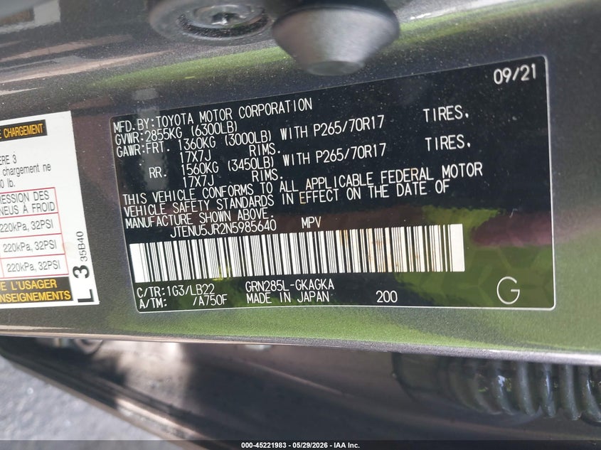 2022 Toyota 4runner VIN JTENU5JR2N5985640 IAAI salvage auction — FRONT END, Salvage Title, sold $13,025 on 2026-07-14 (photo 9)
