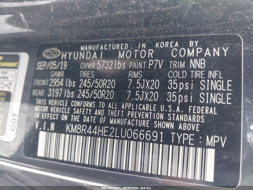 2020 Hyundai Palisade VIN KM8R44HE2LU066691 IAAI salvage auction — FRONT END, Salvage Title, sold $2,900 on 2026-07-21 (photo 9)