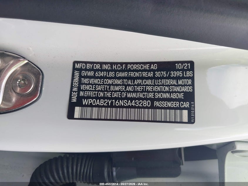 2022 Porsche Taycan VIN WP0AB2Y16NSA43280 IAAI salvage auction — UNDERCARRIAGE, Salvage Title, sold $38,750 on 2026-07-16 (photo 9)