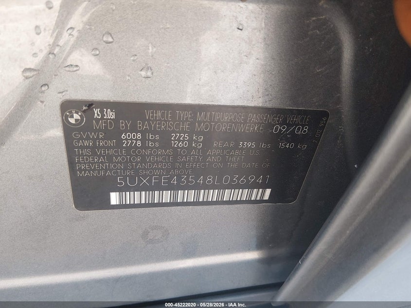 2008 BMW X5 VIN 5UXFE43548L036941 IAAI salvage auction — FRONT END, Clear (Indiana), sold $250 on 2026-07-22 (photo 9)