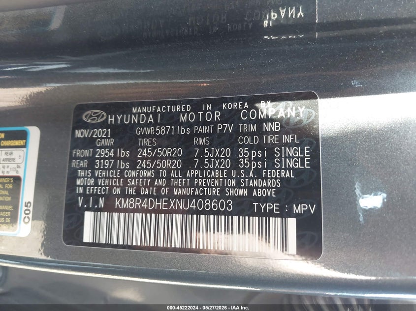 2022 Hyundai Palisade VIN KM8R4DHEXNU408603 IAAI salvage auction — REAR END, Salvage Title, sold $3,150 on 2026-07-29 (photo 9)