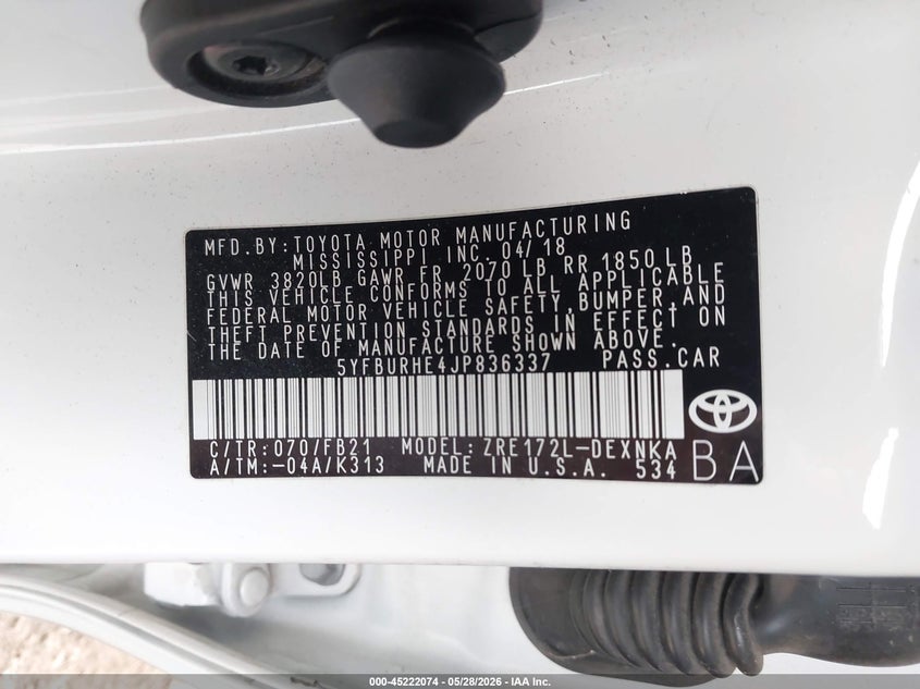 2018 Toyota Corolla VIN 5YFBURHE4JP836337 IAAI salvage auction — RIGHT FRONT, Salvage Title, sold $4,400 on 2026-07-29 (photo 9)