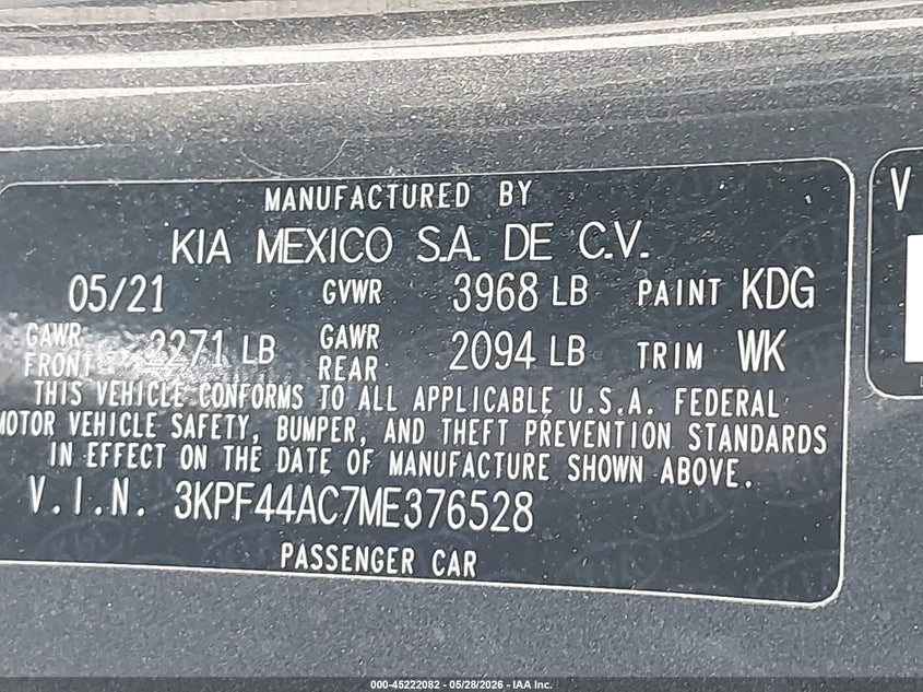 2021 Kia Forte VIN 3KPF44AC7ME376528 IAAI salvage auction — REAR END, Original (Texas), sold $7,325 on 2026-07-08 (photo 9)