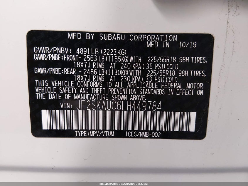 2020 Subaru Forester VIN JF2SKAUC6LH449784 IAAI salvage auction — FRONT END, Salvage Title, sold $25 on 2026-07-28 (photo 9)
