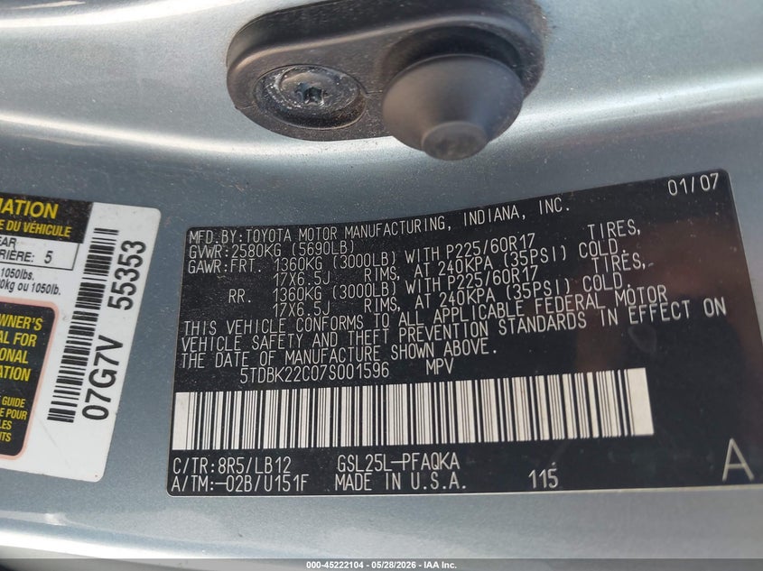2007 Toyota Sienna VIN 5TDBK22C07S001596 IAAI salvage auction — FRONT END, Salvage (Illinois), sold $1,525 on 2026-07-08 (photo 9)