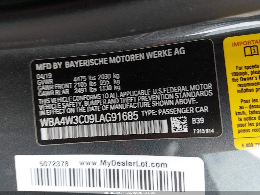 2020 BMW 4er VIN WBA4W3C09LAG91685 IAAI salvage auction — FRONT END, Salvage Title, sold $6,700 on 2026-07-29 (photo 9)