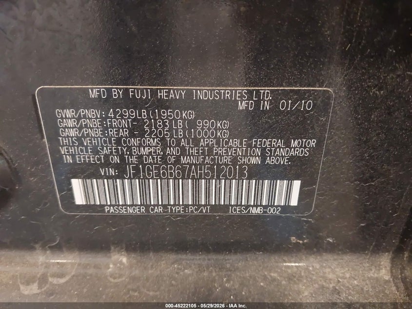 2010 Subaru Impreza VIN JF1GE6B67AH512013 IAAI salvage auction — FRONT END, Clear (Michigan), sold $250 on 2026-07-14 (photo 9)