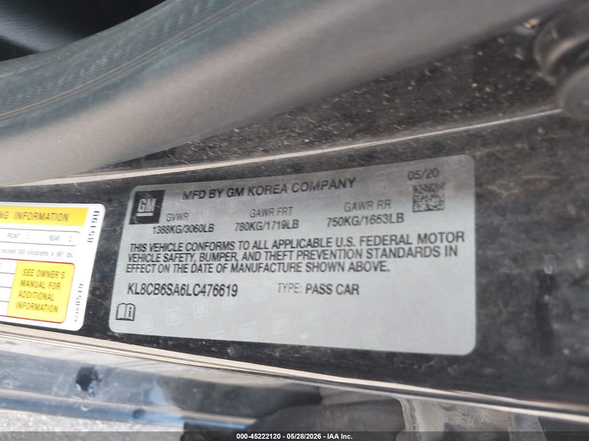 2020 Chevrolet Spark VIN KL8CB6SA6LC476619 IAAI salvage auction — FRONT END, Salvage Title, sold $950 on 2026-07-08 (photo 9)