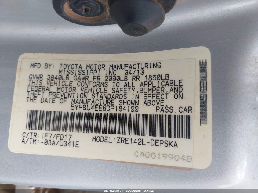 2013 Toyota Corolla VIN 5YFBU4EE6DP184199 IAAI salvage auction — HAIL, Salvage Title, sold $1,600 on 2026-07-08 (photo 9)