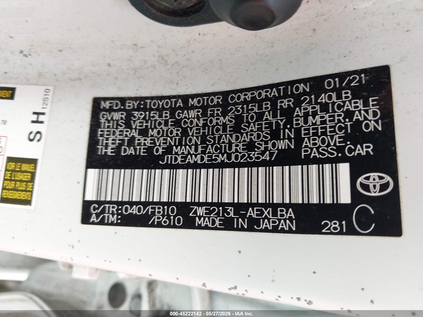 2021 Toyota Corolla VIN JTDEAMDE5MJ023547 IAAI salvage auction — FRONT & REAR, Salvage Title, sold $2,750 on 2026-07-15 (photo 9)