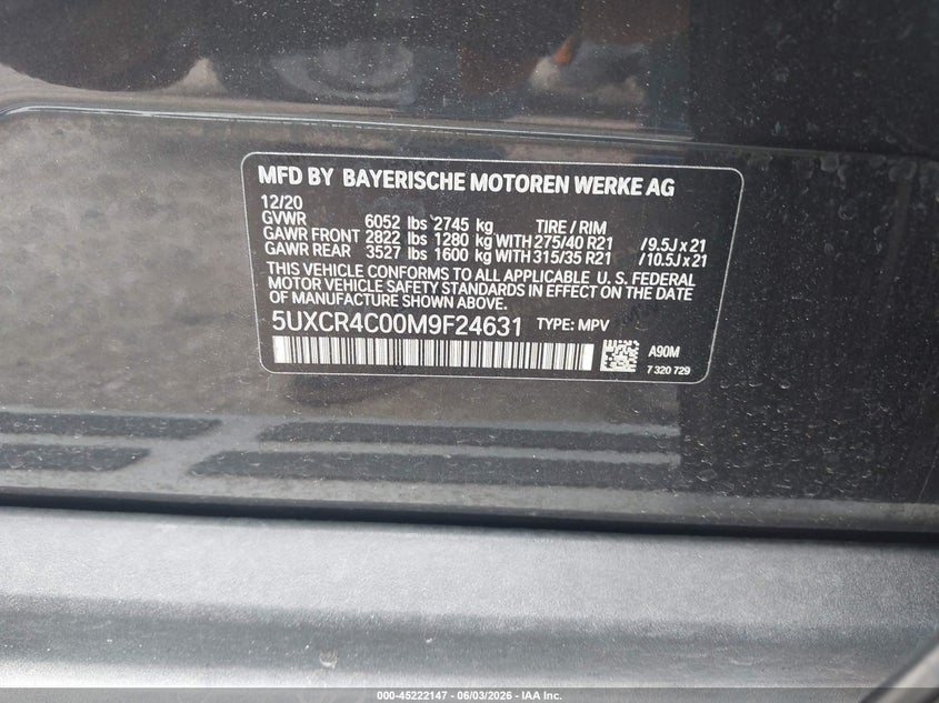 2021 BMW X5 VIN 5UXCR4C00M9F24631 IAAI salvage auction — REAR END, Original (Texas), sold $16,900 on 2026-07-07 (photo 9)