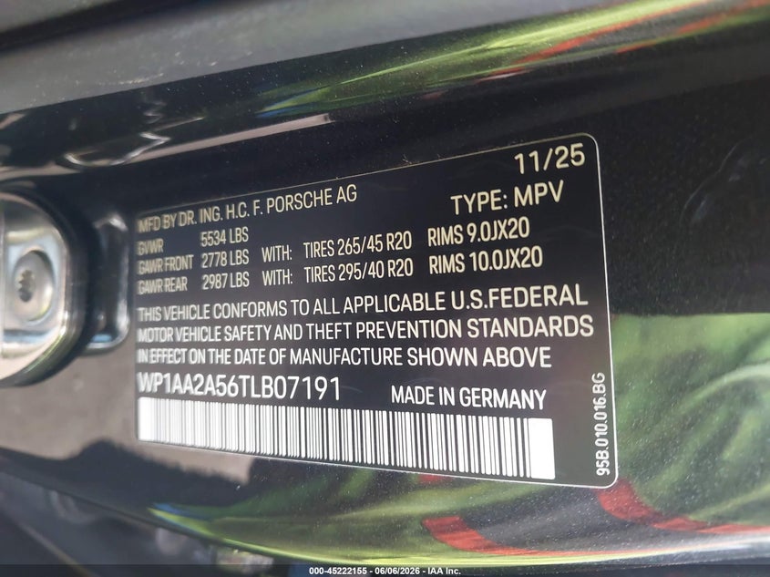 2026 Porsche Macan VIN WP1AA2A56TLB07191 IAAI salvage auction — FRONT END, Salvage Title, sold $37,250 on 2026-08-10 (photo 9)