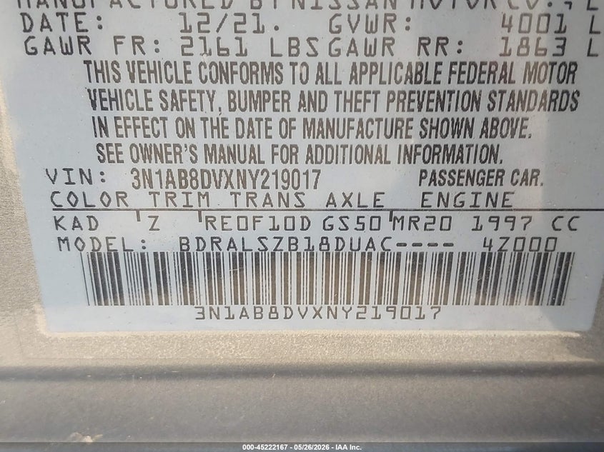 2022 Nissan Sentra VIN 3N1AB8DVXNY219017 IAAI salvage auction — FRONT END, Salvage Title, sold $5,000 on 2026-07-22 (photo 9)