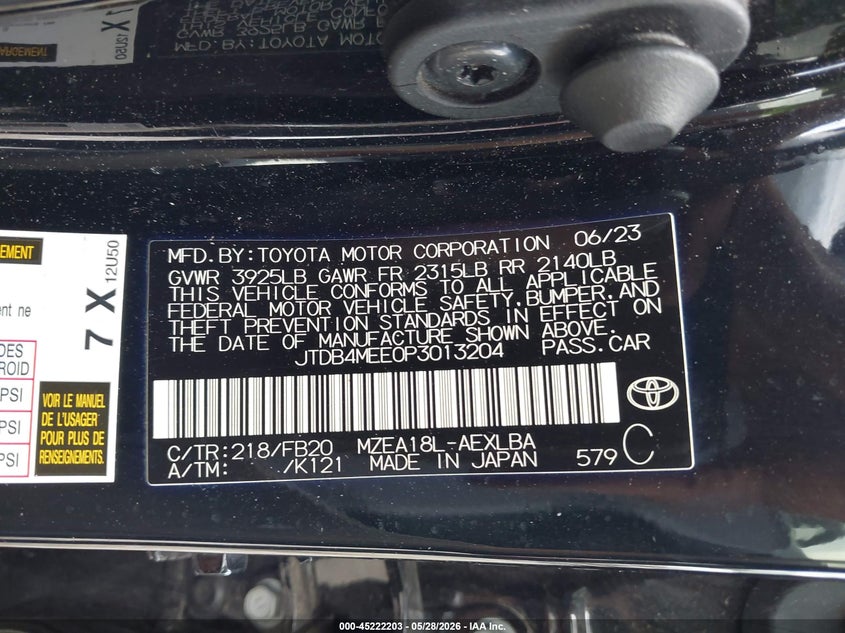 2023 Toyota Corolla VIN JTDB4MEE0P3013204 IAAI salvage auction — FRONT END, Salvage Title, sold $3,150 on 2026-07-22 (photo 9)