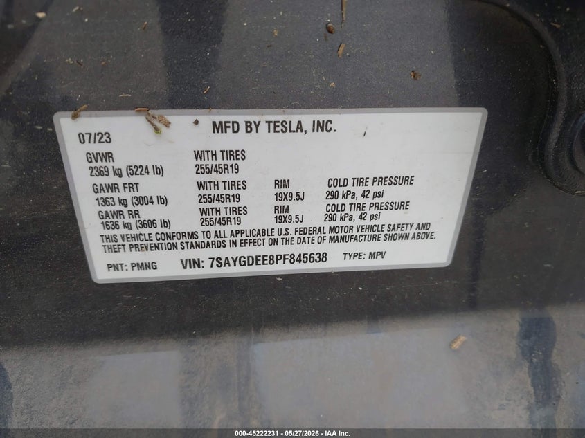 2023 Tesla Model y VIN 7SAYGDEE8PF845638 IAAI salvage auction — WATER/FLOOD, Mv-907A (New York), sold $9,100 on 2026-07-23 (photo 9)