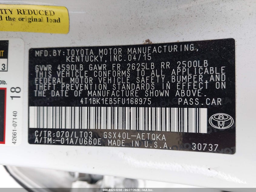 2015 Toyota Avalon VIN 4T1BK1EB5FU168975 IAAI salvage auction — SIDE, Salvage Title, sold $8,850 on 2026-07-16 (photo 9)