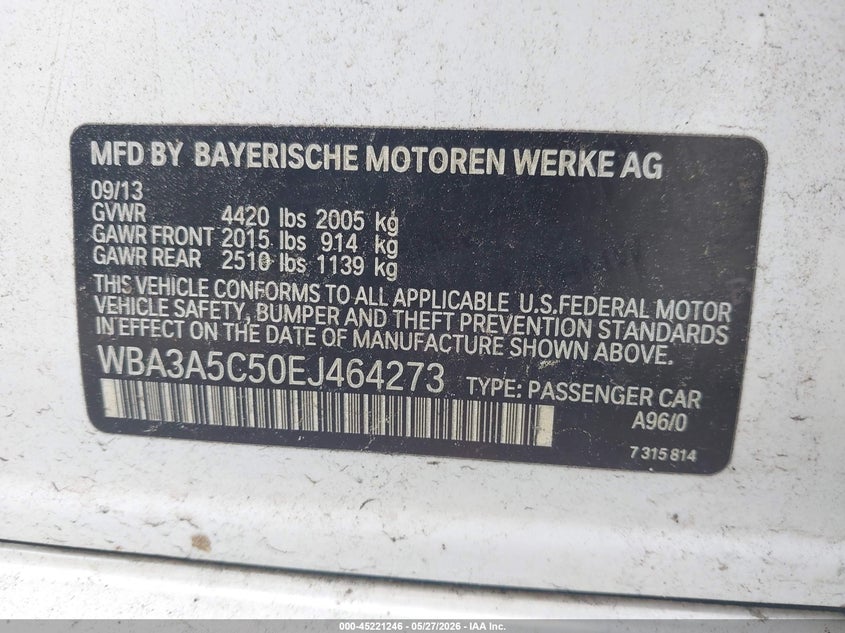2014 BMW 3er VIN WBA3A5C50EJ464273 IAAI salvage auction — ALL OVER, Salvage Title, sold $825 on 2026-07-11 (photo 9)