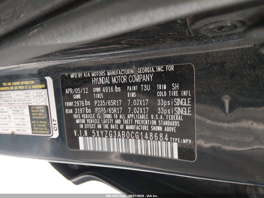 2012 Hyundai Santa fe VIN 5XYZG3AB0CG148684 IAAI salvage auction — ROLLOVER, Salvage Title, sold $300 on 2026-07-21 (photo 9)