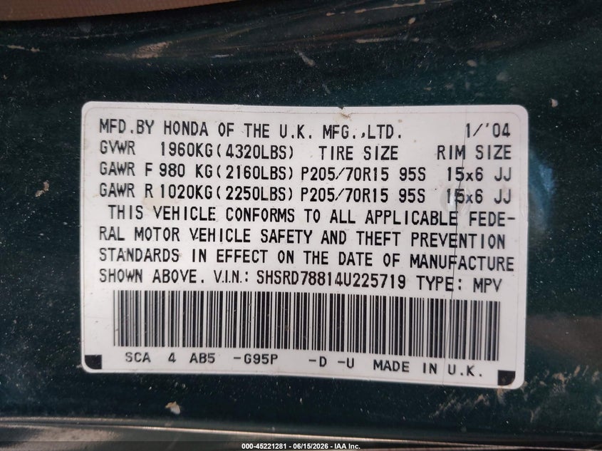2004 Honda Cr-v VIN SHSRD78814U225719 IAAI salvage auction — FRONT END, Salvage (Ohio), sold $25 on 2026-07-16 (photo 9)