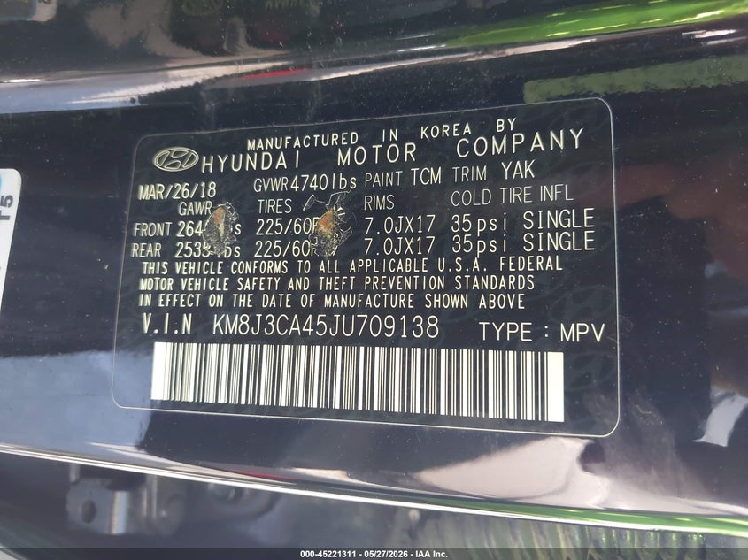 2018 Hyundai Tucson VIN KM8J3CA45JU709138 IAAI salvage auction — LEFT FRONT, Salvage Title, sold $4,700 on 2026-07-09 (photo 9)