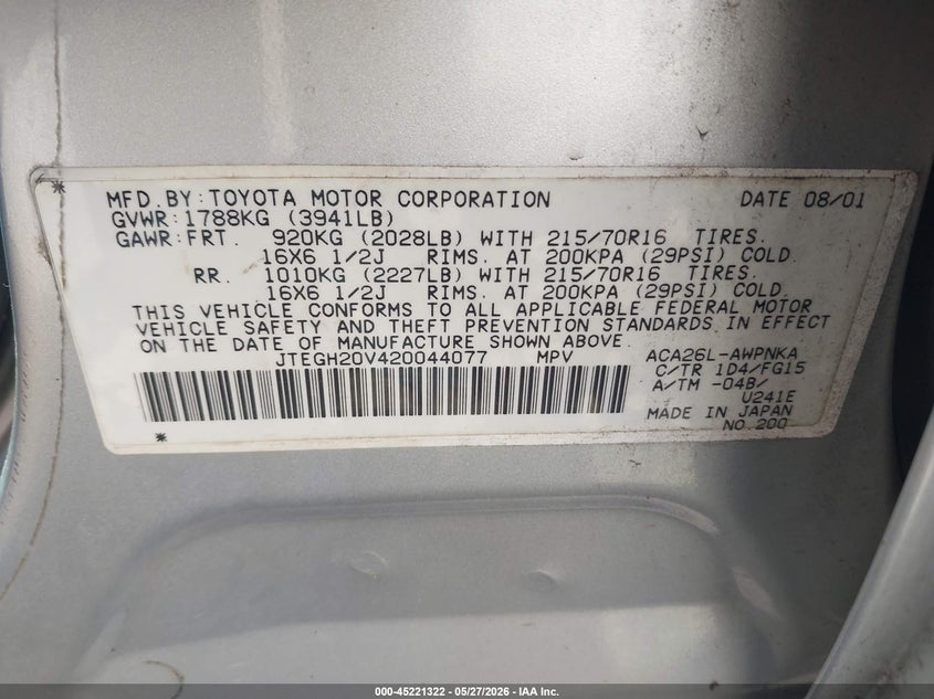 2002 Toyota Rav 4 VIN JTEGH20V420044077 IAAI salvage auction — REAR END, Salvage (Illinois), sold $550 on 2026-07-15 (photo 9)