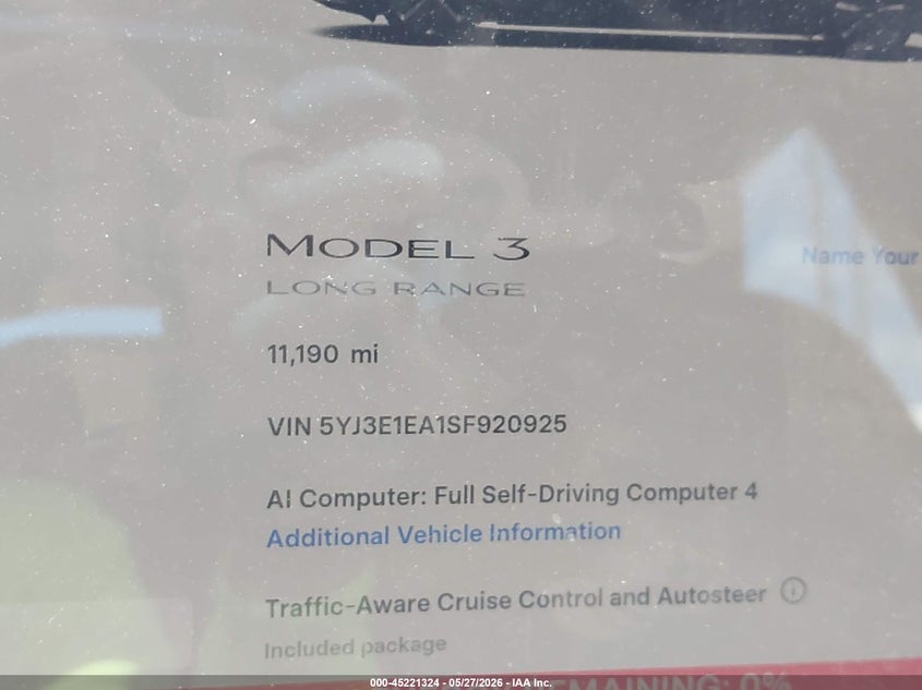 2025 Tesla Model 3 VIN 5YJ3E1EA1SF920925 IAAI salvage auction — FRONT & REAR, Salvage Title, sold $9,600 on 2026-07-06 (photo 7)