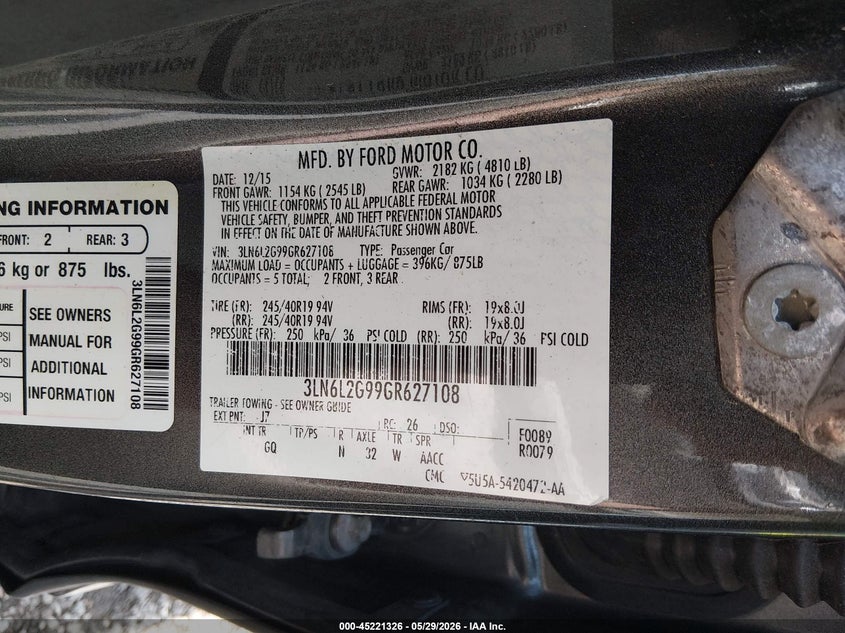 2016 Lincoln Mkz VIN 3LN6L2G99GR627108 IAAI salvage auction — WATER/FLOOD, Salvage Title, sold $425 on 2026-09-10 (photo 9)