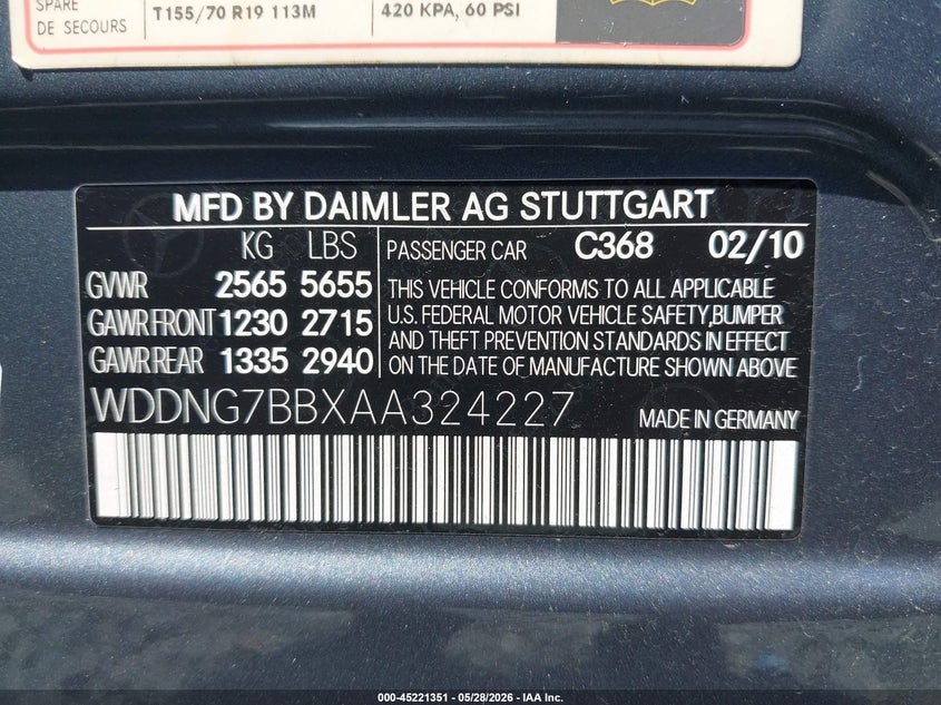 2010 Mercedes-benz S class VIN WDDNG7BBXAA324227 IAAI salvage auction — FRONT END, Bill Of Sale (Washington), sold $1,050 on 2026-07-22 (photo 9)