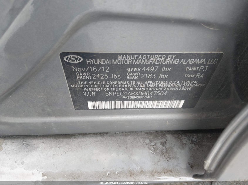 2013 Hyundai Sonata VIN 5NPEC4ABXDH647504 IAAI salvage auction — RIGHT FRONT, Salvage (Missouri), sold $425 on 2026-07-17 (photo 9)