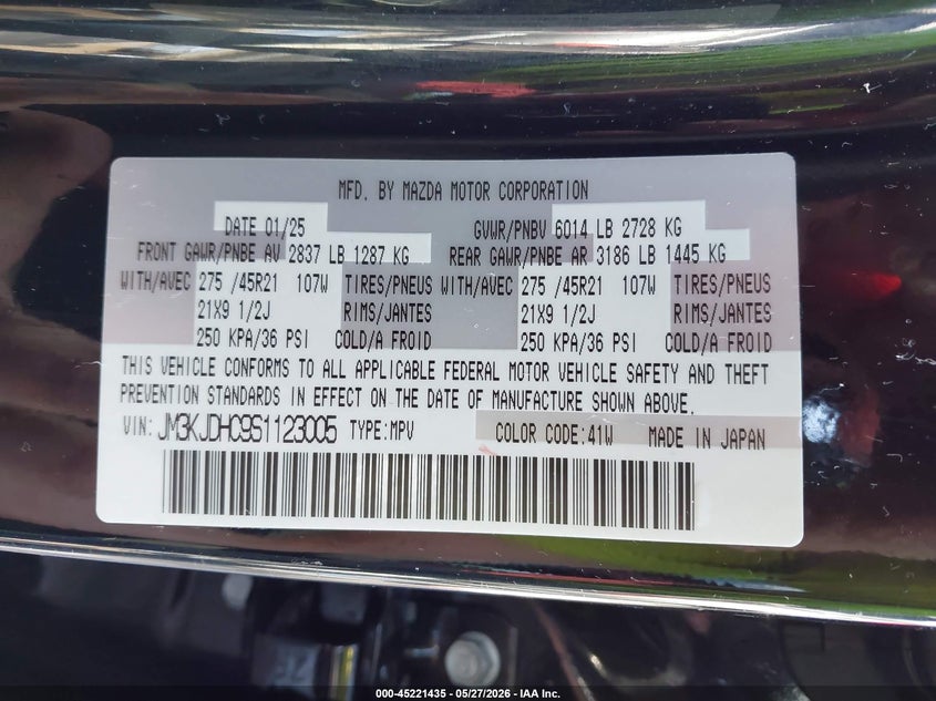 2025 Mazda Cx-70 VIN JM3KJDHC9S1123005 IAAI salvage auction — ROLLOVER, Salvage Title, sold $3,750 on 2026-07-24 (photo 9)