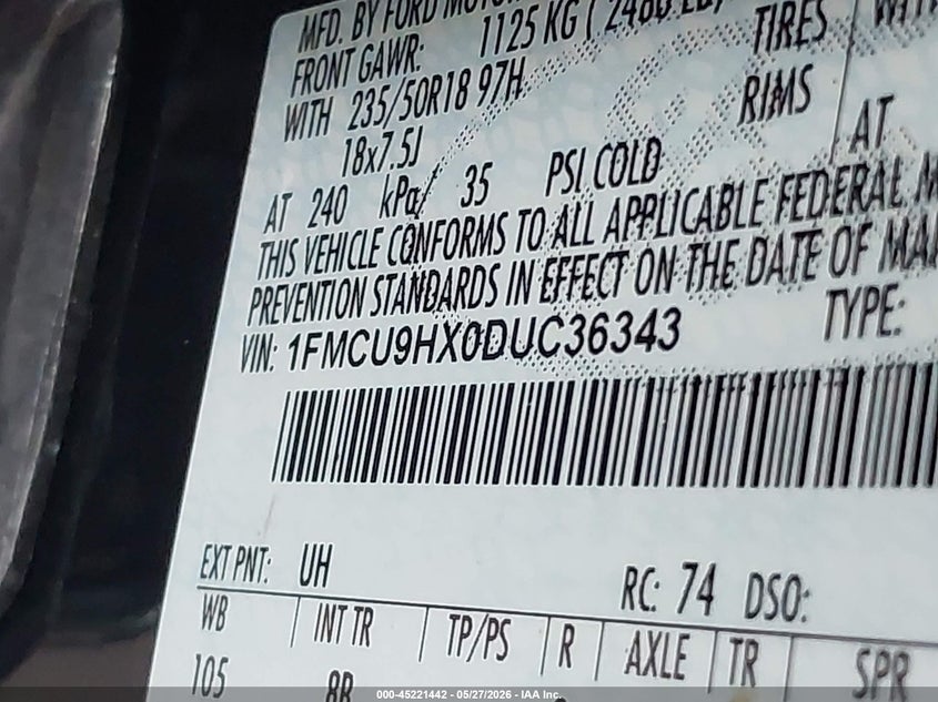 2013 Ford Escape VIN 1FMCU9HX0DUC36343 IAAI salvage auction — NORMAL WEAR, Original (Texas), sold $675 on 2026-07-24 (photo 9)