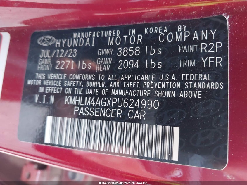 2023 Hyundai Elantra VIN KMHLM4AGXPU624990 IAAI salvage auction — REAR END, Salvage Title, sold $3,200 on 2026-07-28 (photo 9)