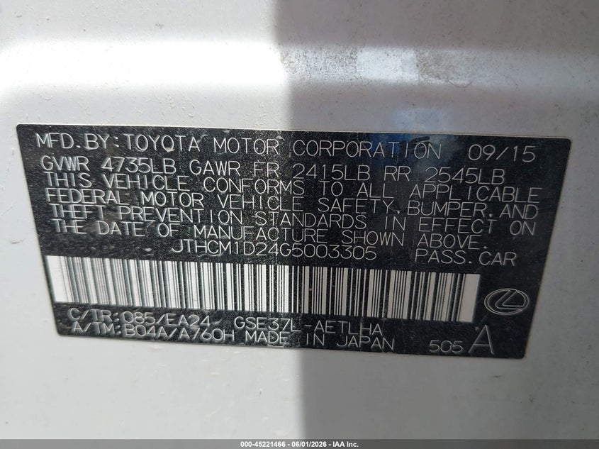 2016 Lexus Is VIN JTHCM1D24G5003305 IAAI salvage auction — REAR END, Salvage Title, sold $650 on 2026-07-16 (photo 9)