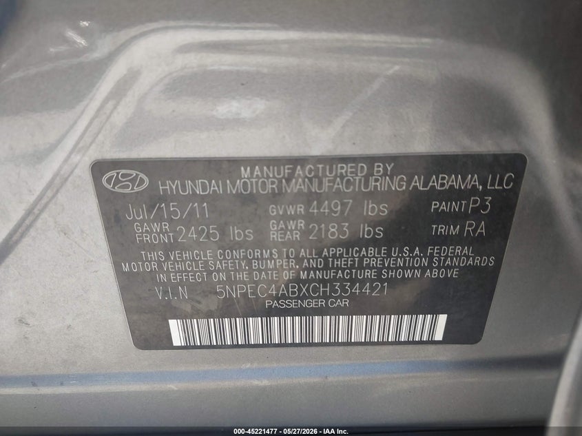 2012 Hyundai Sonata VIN 5NPEC4ABXCH334421 IAAI salvage auction — ENGINE BURN, Salvage Title, sold $350 on 2026-07-23 (photo 9)
