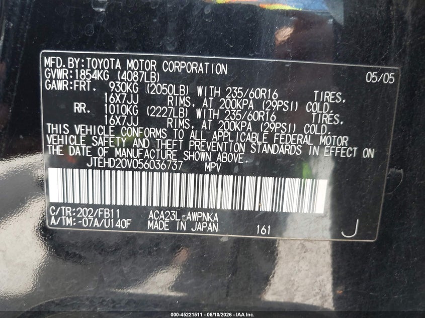 2005 Toyota Rav4 VIN JTEHD20V056036737 IAAI salvage auction — REAR END, Clear (Montana), sold $1,150 on 2026-07-11 (photo 9)