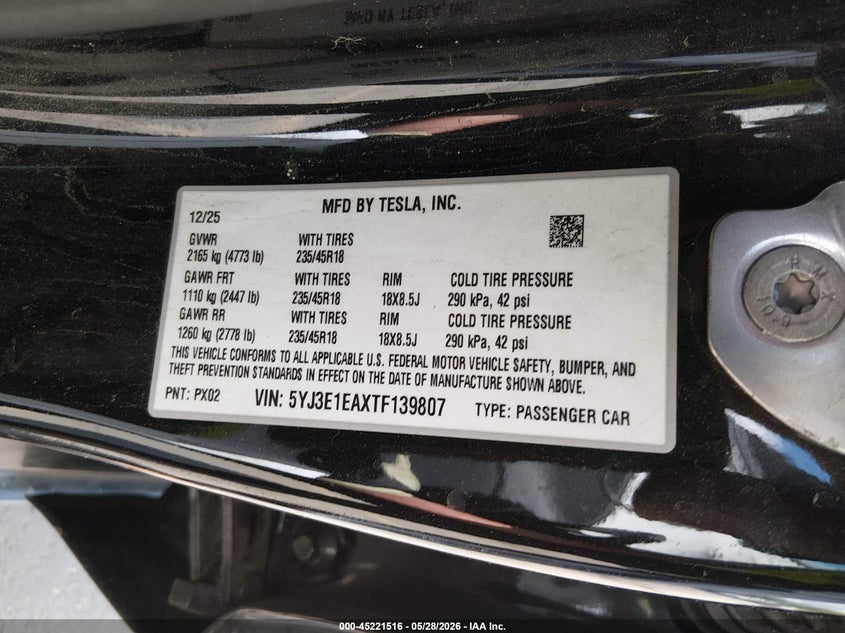 2026 Tesla Model 3 VIN 5YJ3E1EAXTF139807 IAAI salvage auction — FRONT END, Salvage Title, sold $14,500 on 2026-07-23 (photo 9)