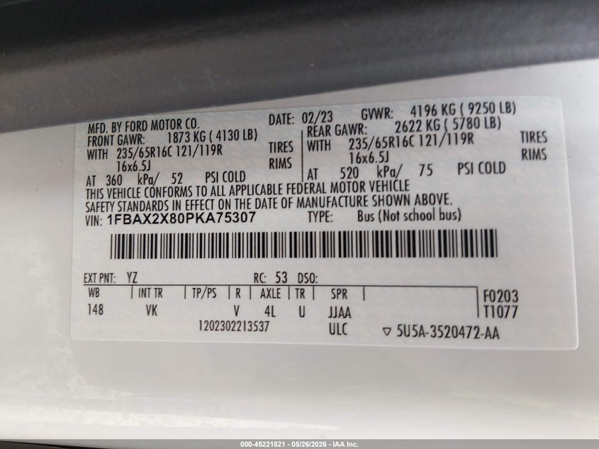 2023 Ford Transit VIN 1FBAX2X80PKA75307 IAAI salvage auction — NORMAL WEAR, Sf97 (Oklahoma), sold $26,250 on 2026-07-09 (photo 9)