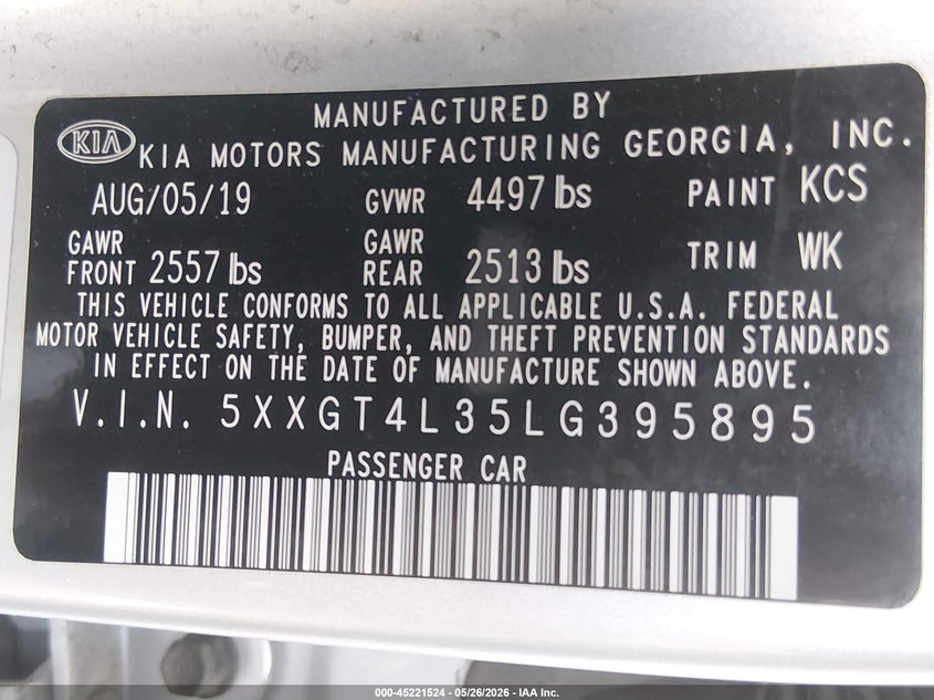 2020 Kia Optima VIN 5XXGT4L35LG395895 IAAI salvage auction — REAR END, Salvage Title, sold $2,800 on 2026-07-17 (photo 9)