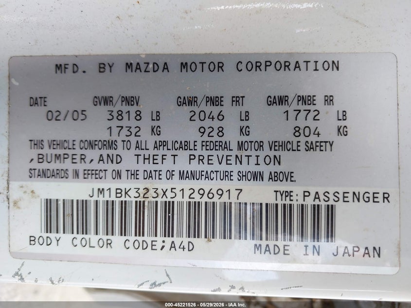 2005 Mazda 3 VIN JM1BK323X51296917 IAAI salvage auction — NORMAL WEAR, Clear - Dealer Only (California), sold $375 on 2026-07-14 (photo 9)